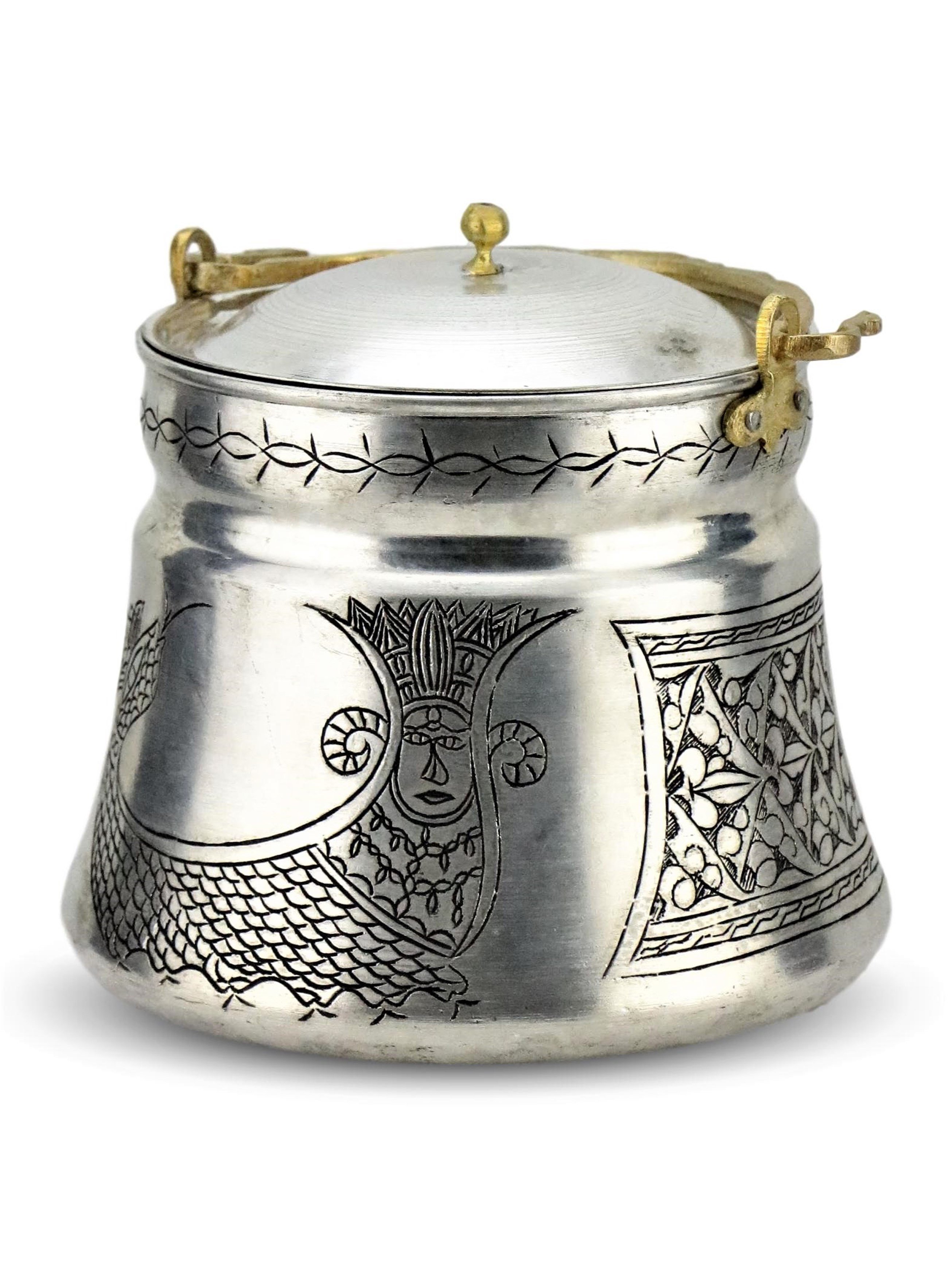 SONAYCOPPER Serpentine Woman Motif, Engraved Handmade Copper Decorative Kitchen Food Storage container, butter, yogurt and food, Copper Antique 2 Lt