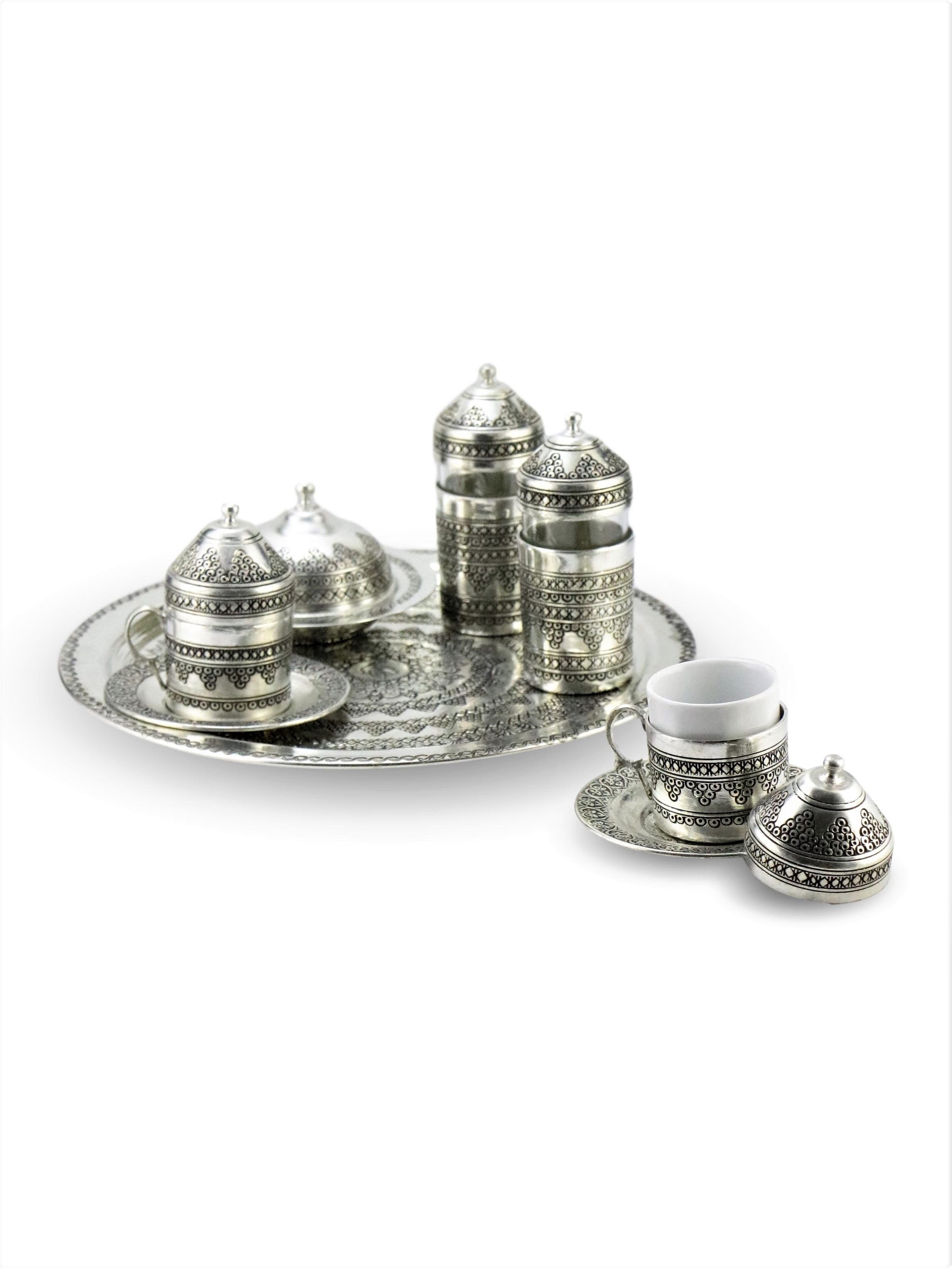 Bakır Çay ve Kahve TakımlarıSonay BakırcılıkÜzüm İşleme Suluklu İkili Bakır Kahve Takımı