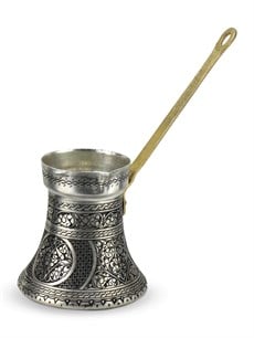 İşlemeli Eskitme Kalın Bakır Sütlük Cezve 