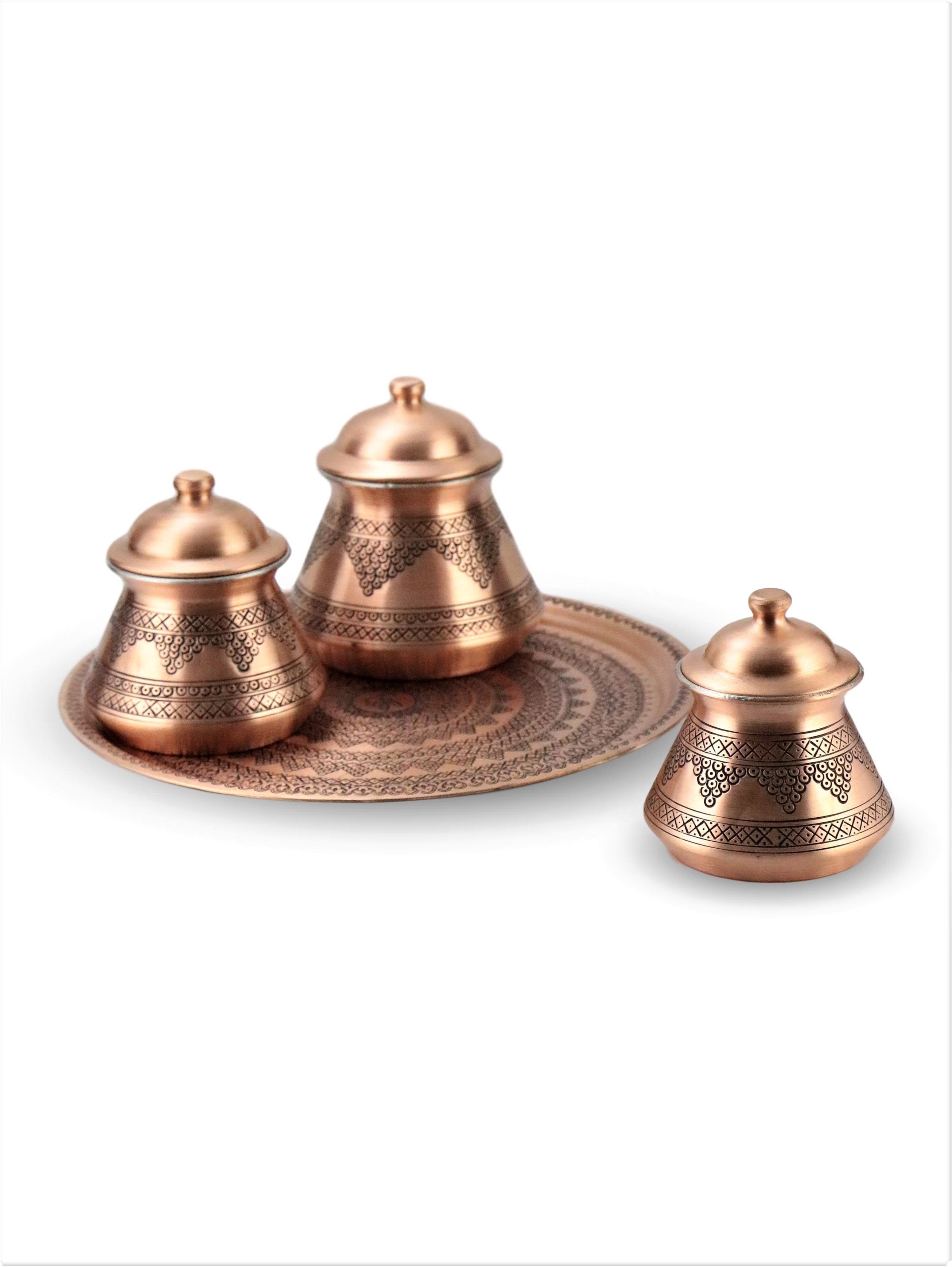 3 lü Zımbalı Eskitme Tepsili Bakır Baharatlık 1 mm 