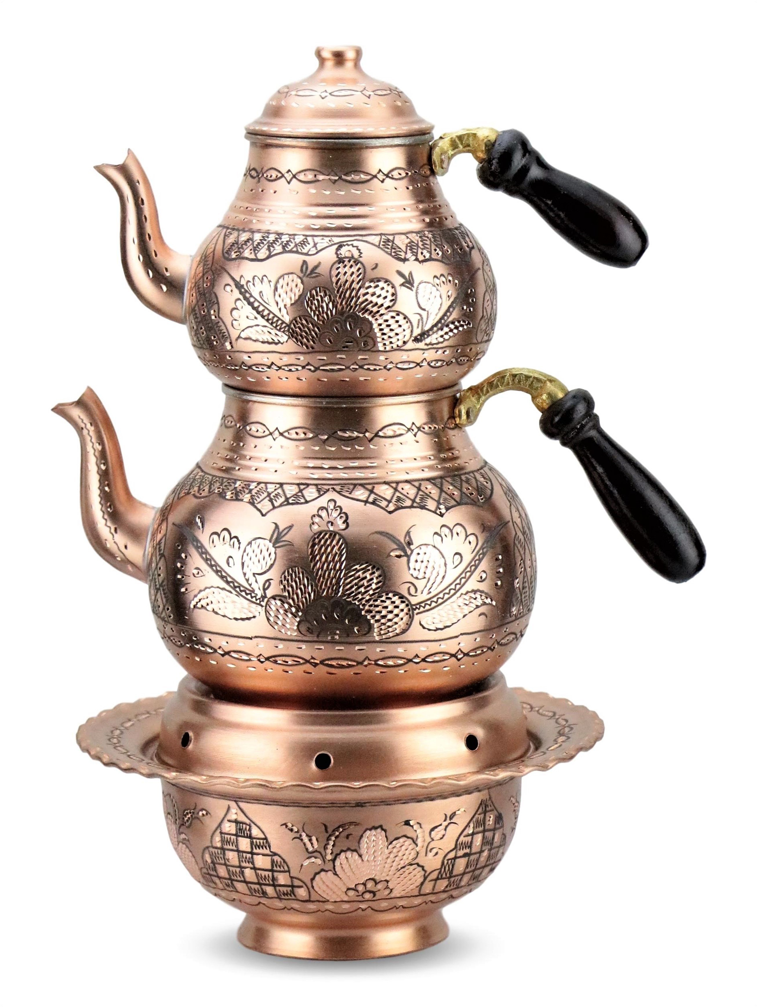 Gül Çiçek Eskitme Bakır Çaydanlık ve Osmanlı Ocağı