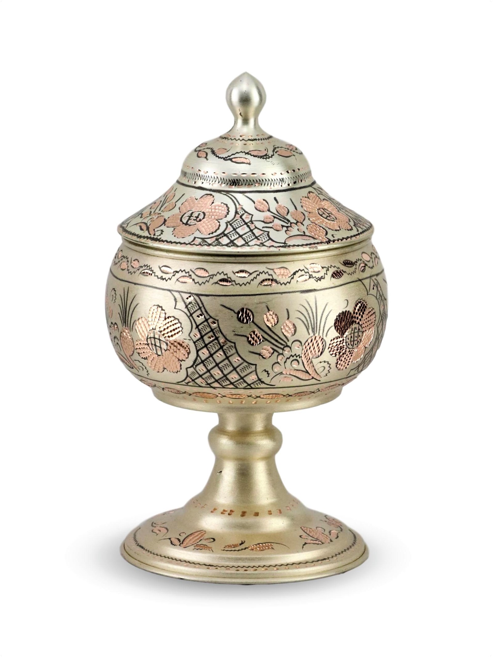 Copper Spice ContainerSonay BakırcılıkGül Çiçek Gümüşlü Ayaklı Büyük Bakır Şekerlik 