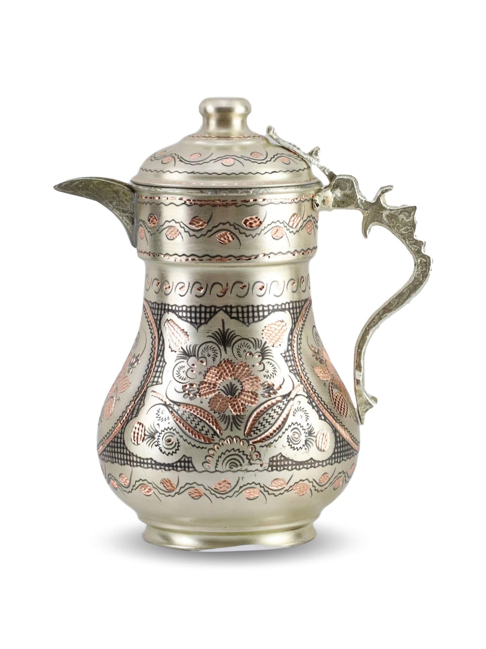 Bakır SürahiSonay BakırcılıkGül Çiçek Kapaklı  Gümüşlü İşlemeli Bakır Sürahi