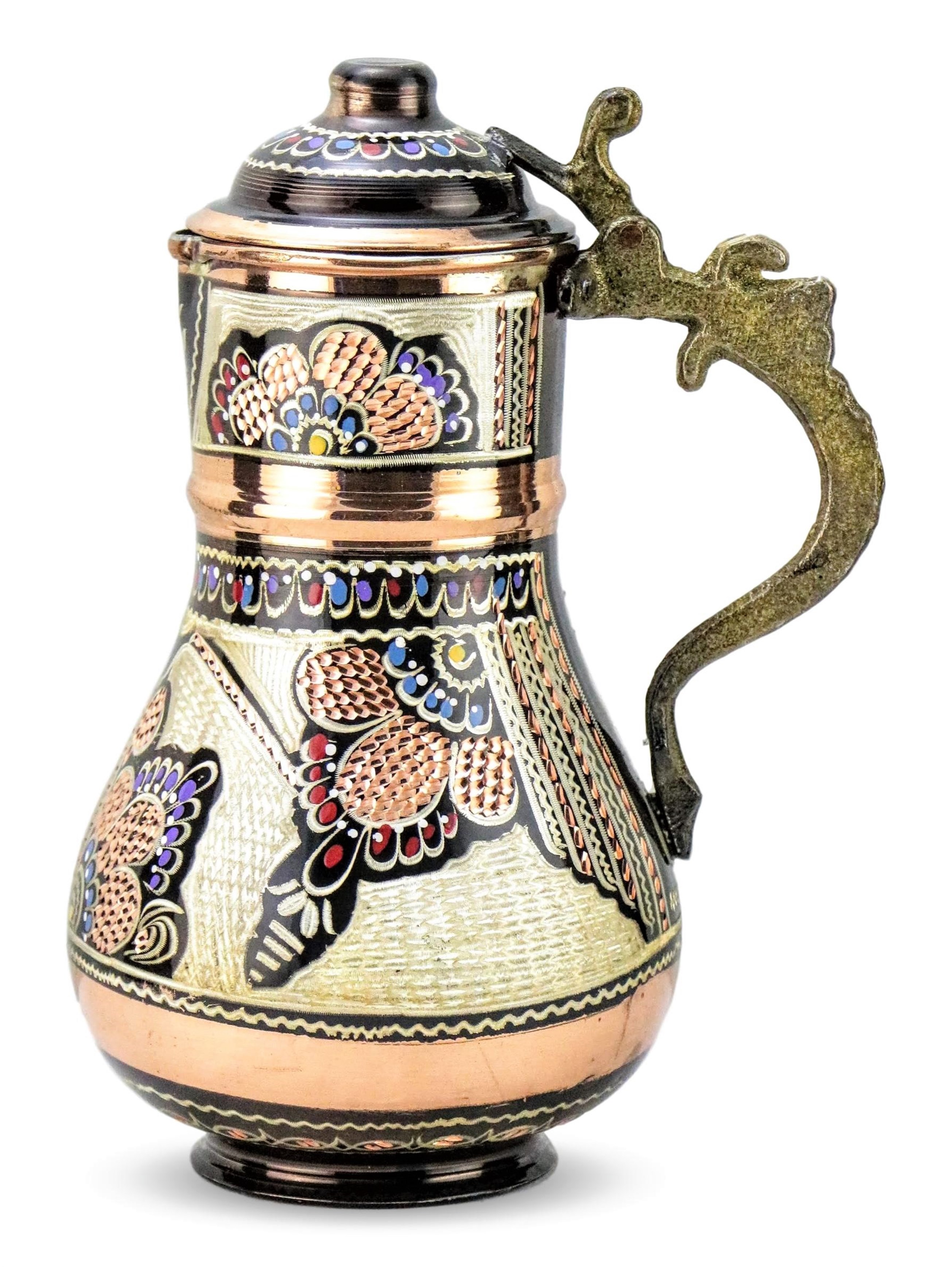 Gül Çiçek Küçük Kapaklı İşleme Bakır Sürahi