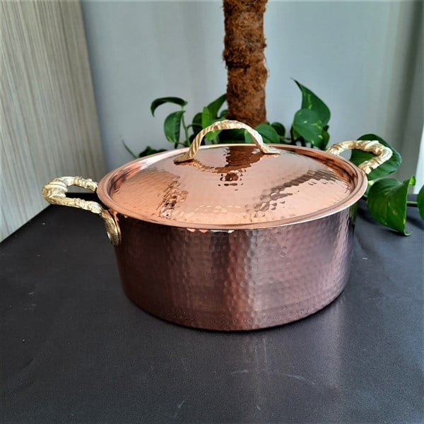 Hakan Decorative Hammered Copper Cookware with Handles, Handmade Pure Copper Low Casserole Pot with Lid, Authentic Copper Soap Pot, Dutch Oven