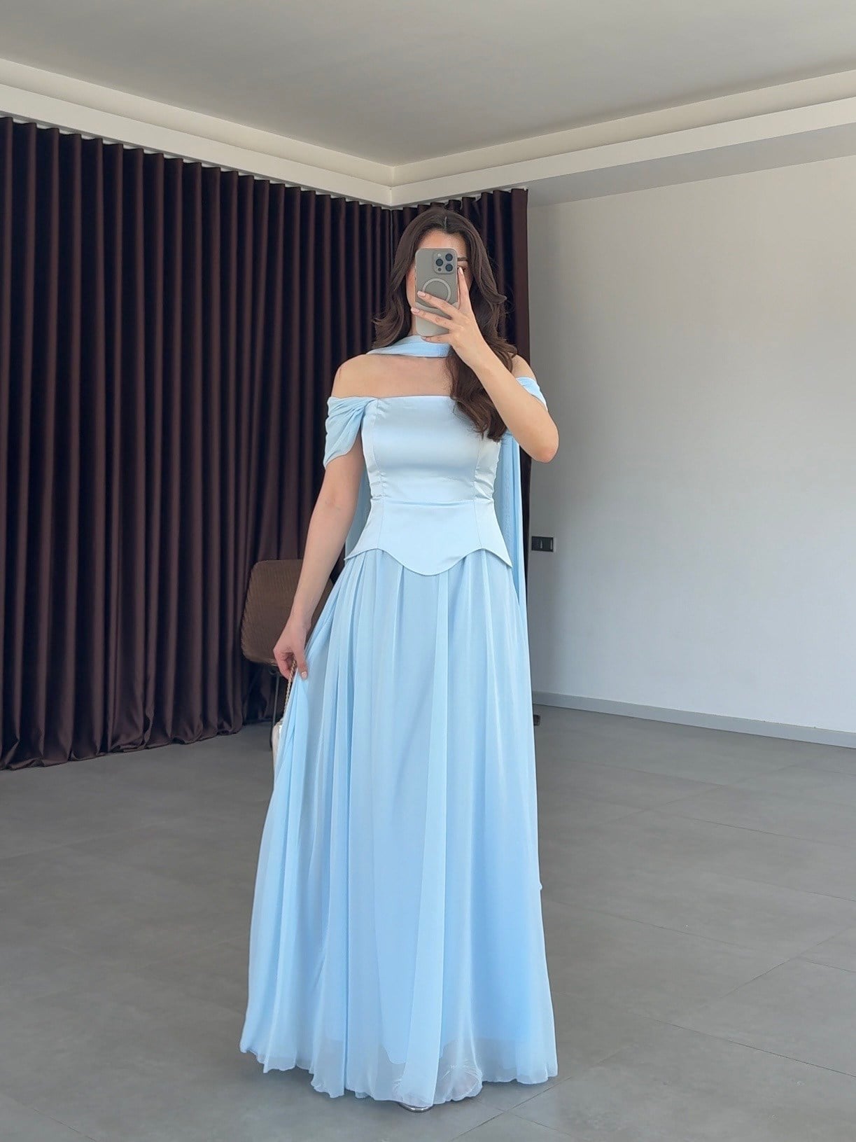 KATY ŞALLI MAXİ ELBİSE-Bebe Mavi
