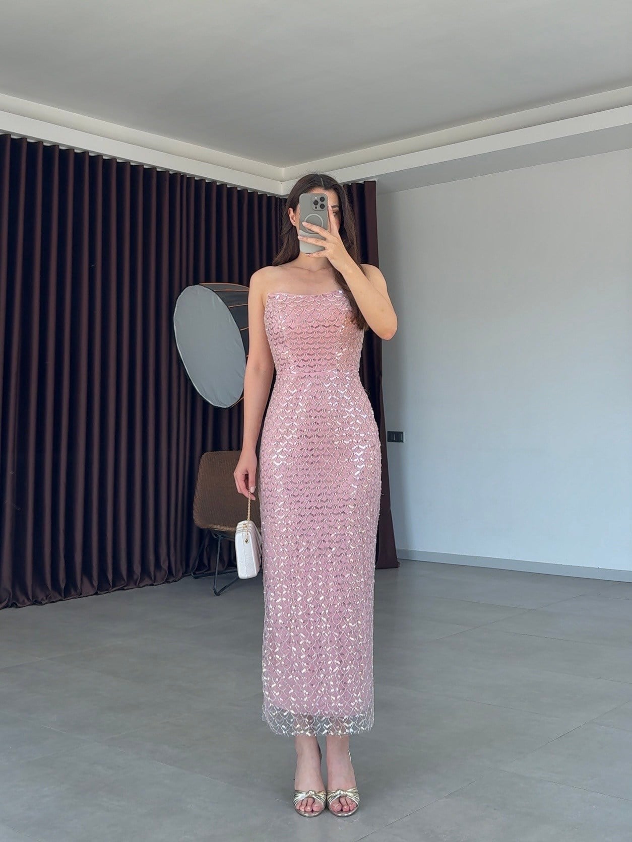 Mermaid Boncuk İşlemeli Elbise- Pudra