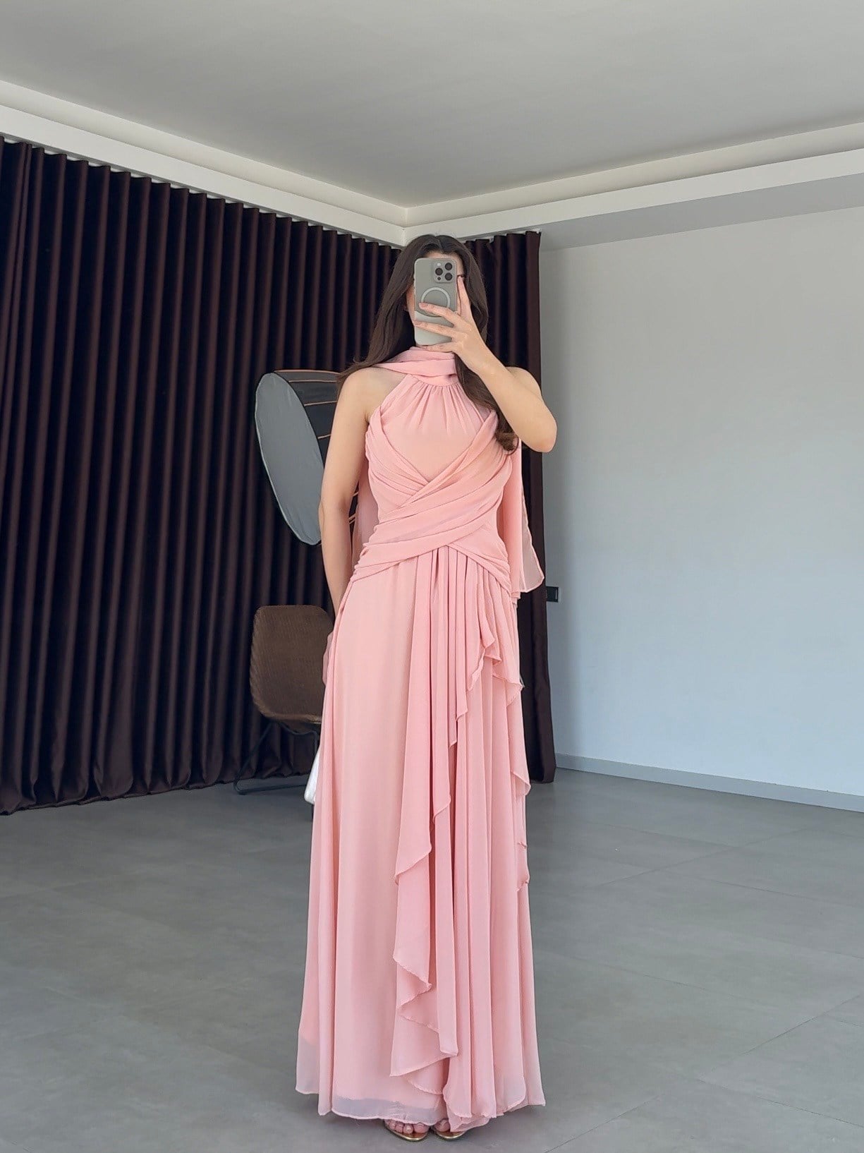 Helen Şallı Maxi Elbise- Pembe 