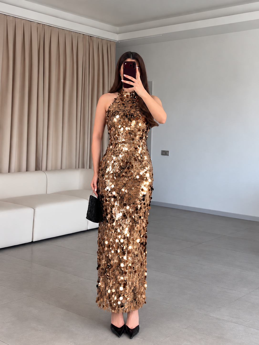 Gold Halter Yaka Midi Pullu Elbise