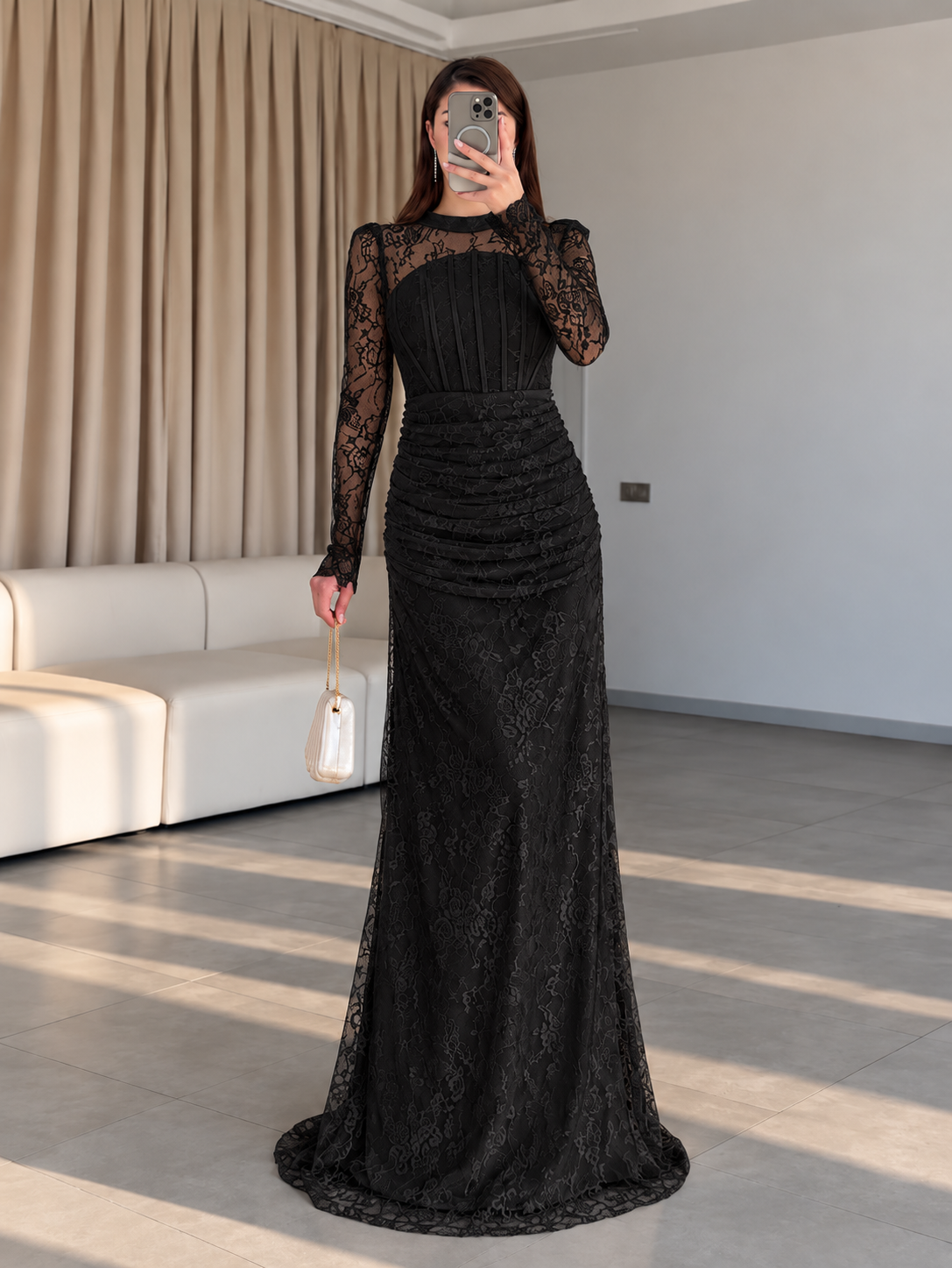 Lavinia Dantel Kollu Elbise- Siyah