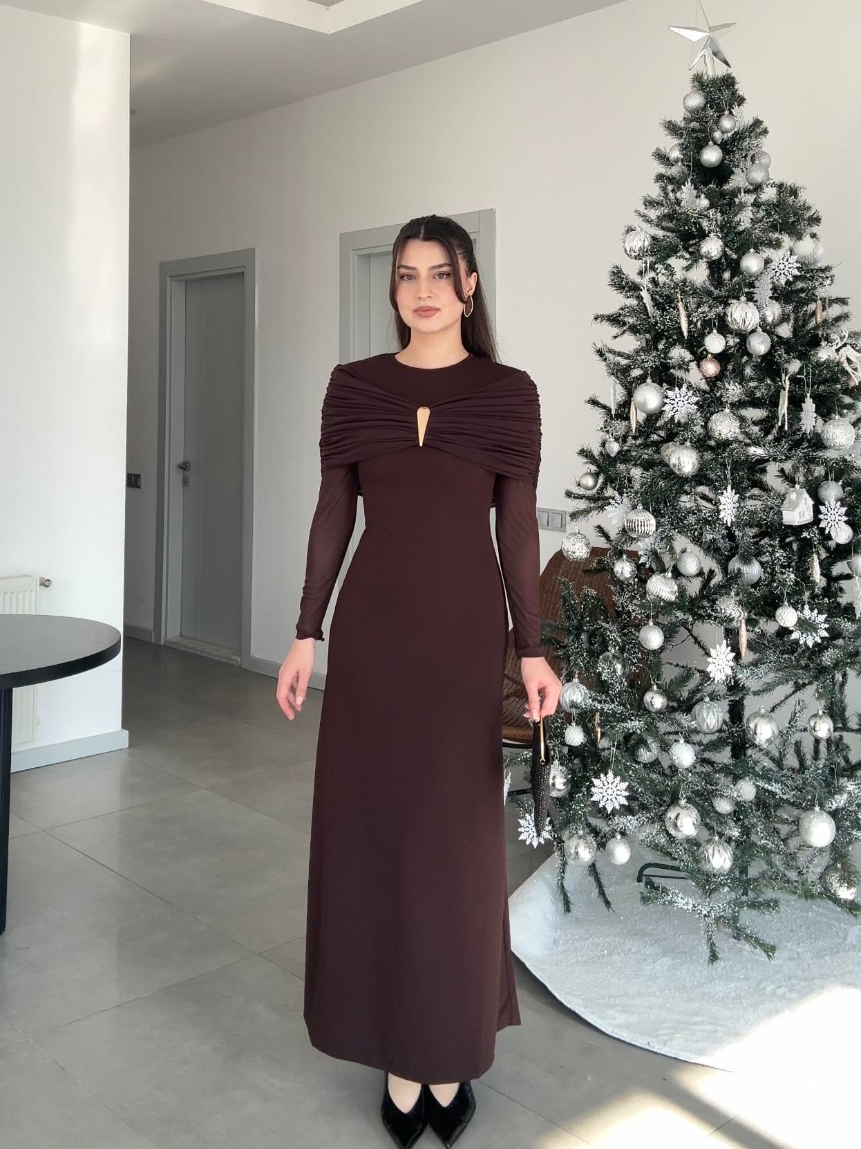 Amelia Tül Kol Aksesuarlı Elbise- Kahve