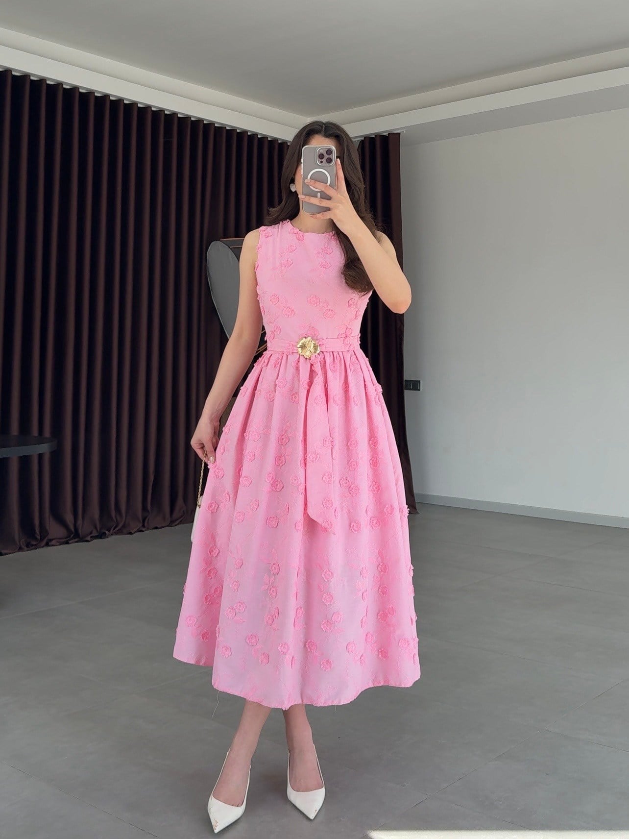 3D Çiçekli Kemerli Brode Elbise- Pembe