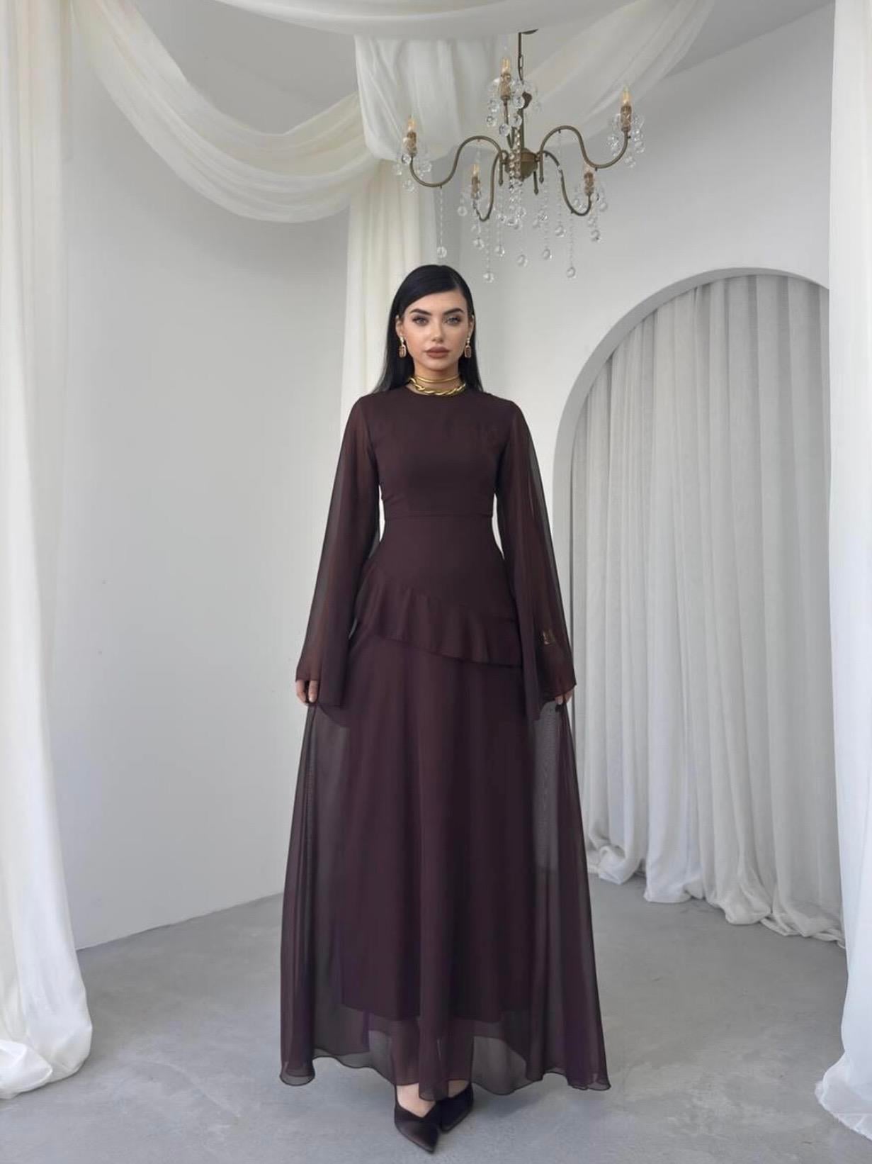 HALO KAHVE ŞİFON ELBİSE