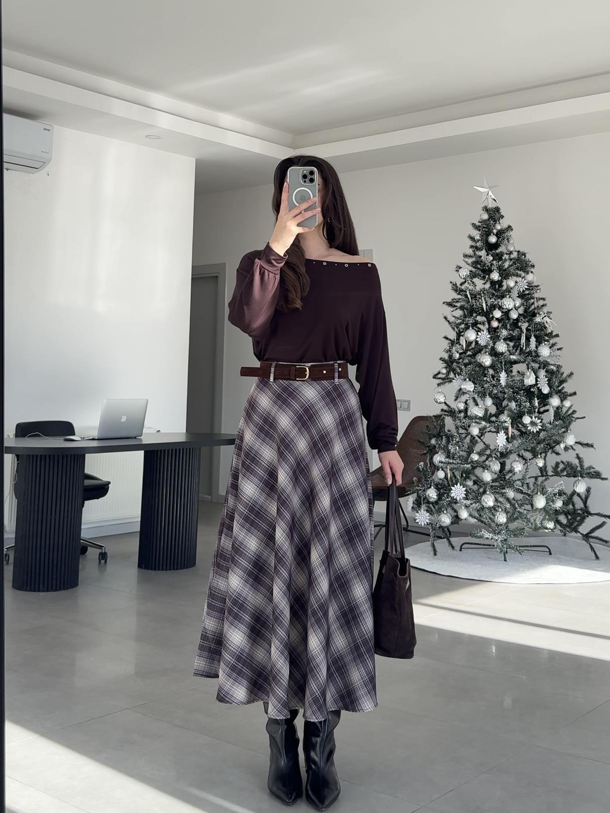 Kahverengi Kemerli Maxi Ekose Etek