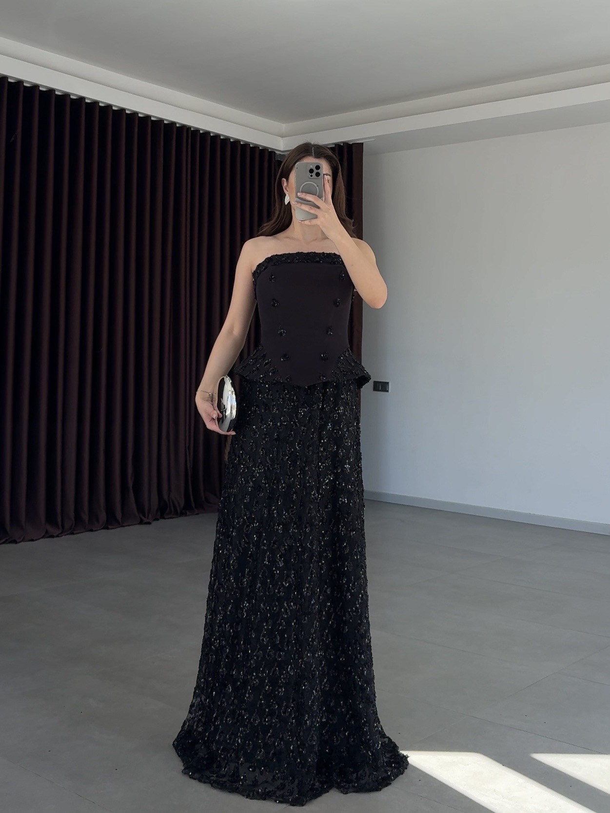 Serena Straplez Peplum Detaylı Taşlı Abiye Elbise- Siyah