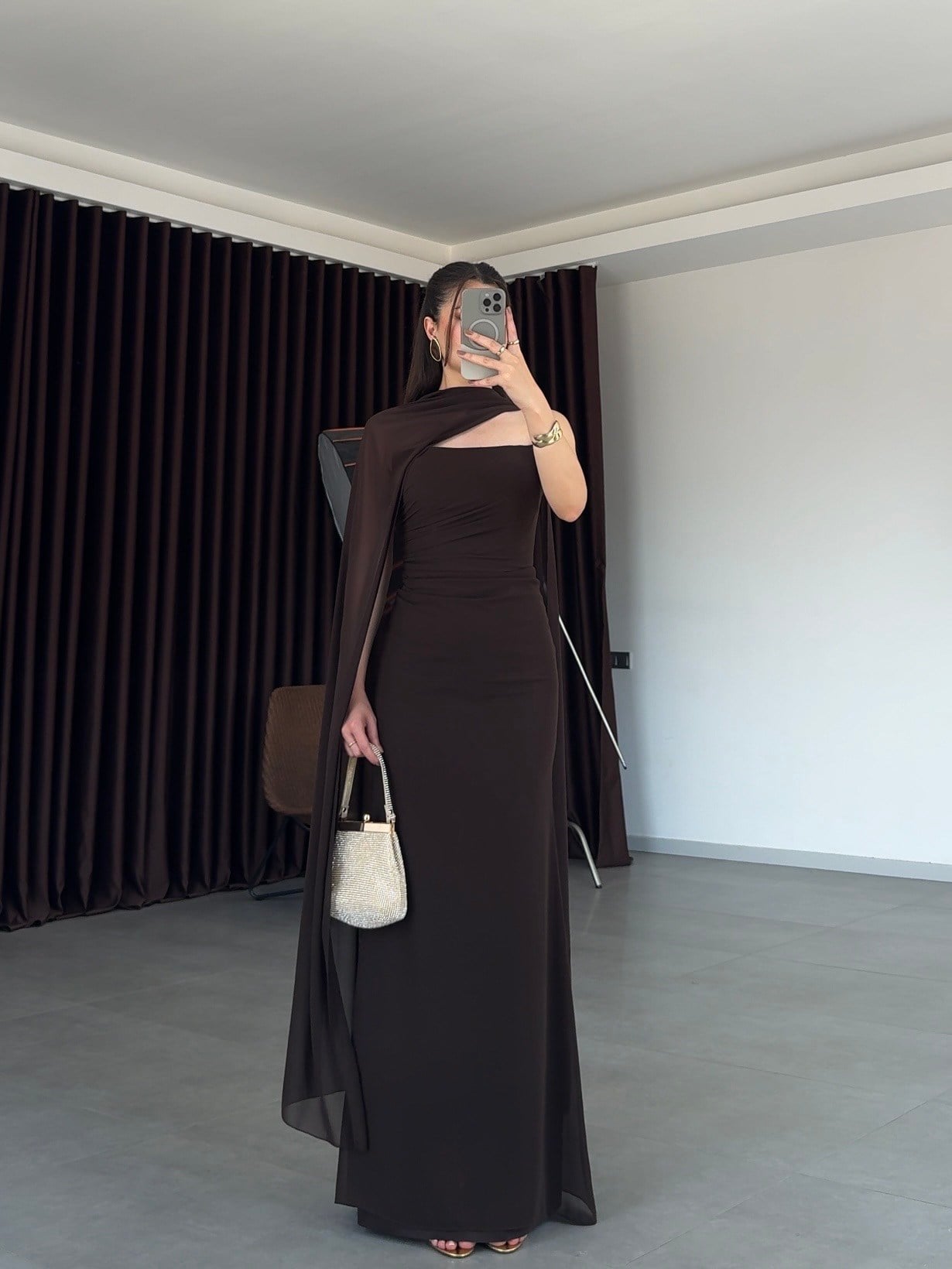 Straplez Drape Detay Fularlı Abiye Elbise- Kahve