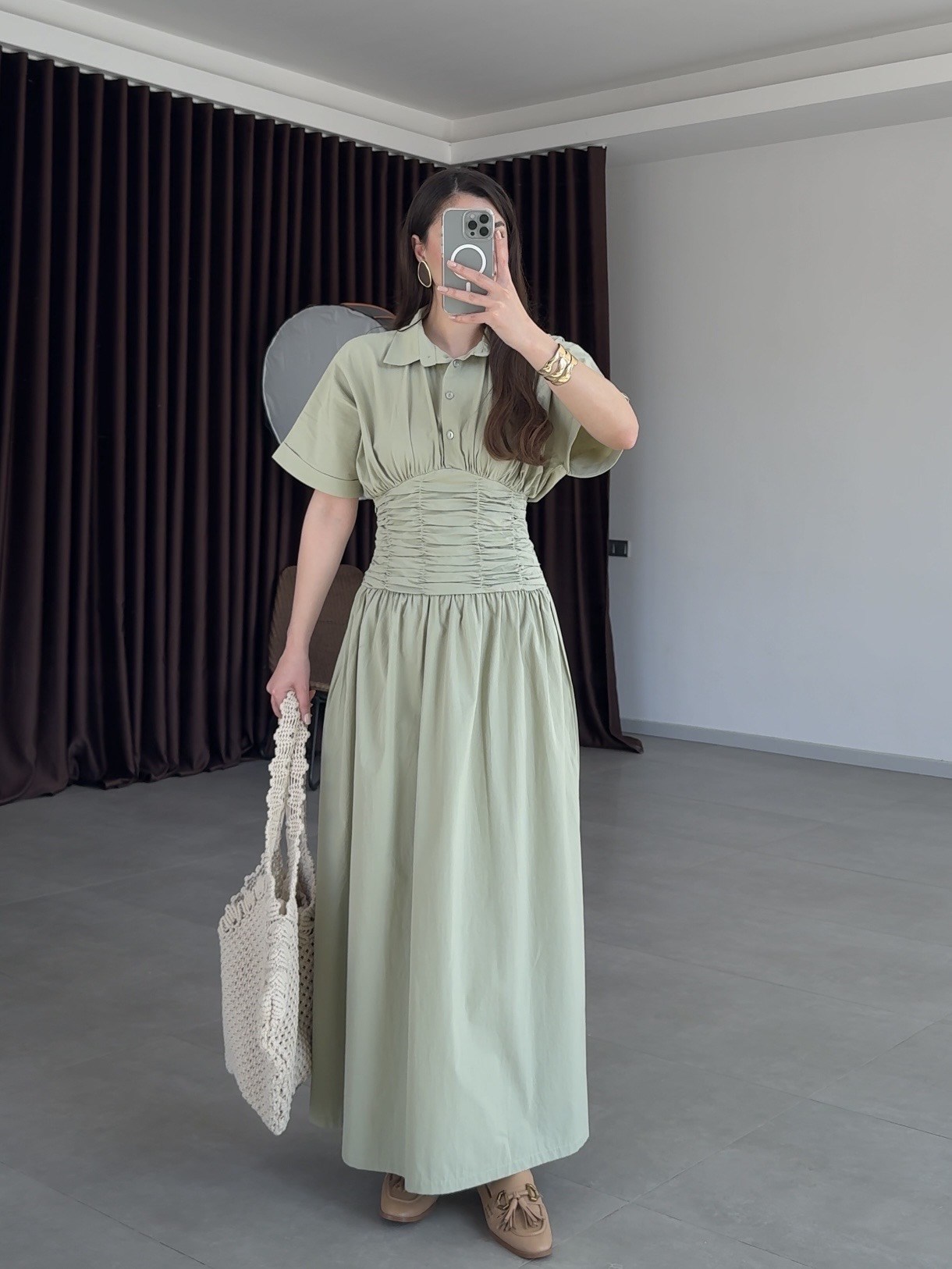 Gömlek Yaka Drapeli Uzun Elbise- Mint Yeşili