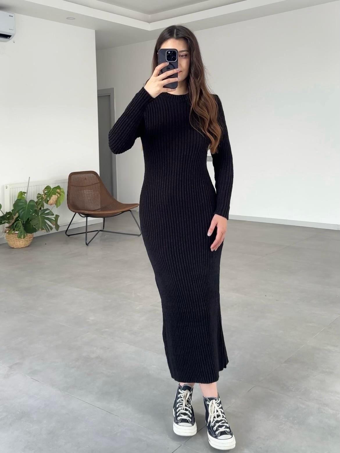 GLORIA UZUN TRİKO ELBİSE- Siyah