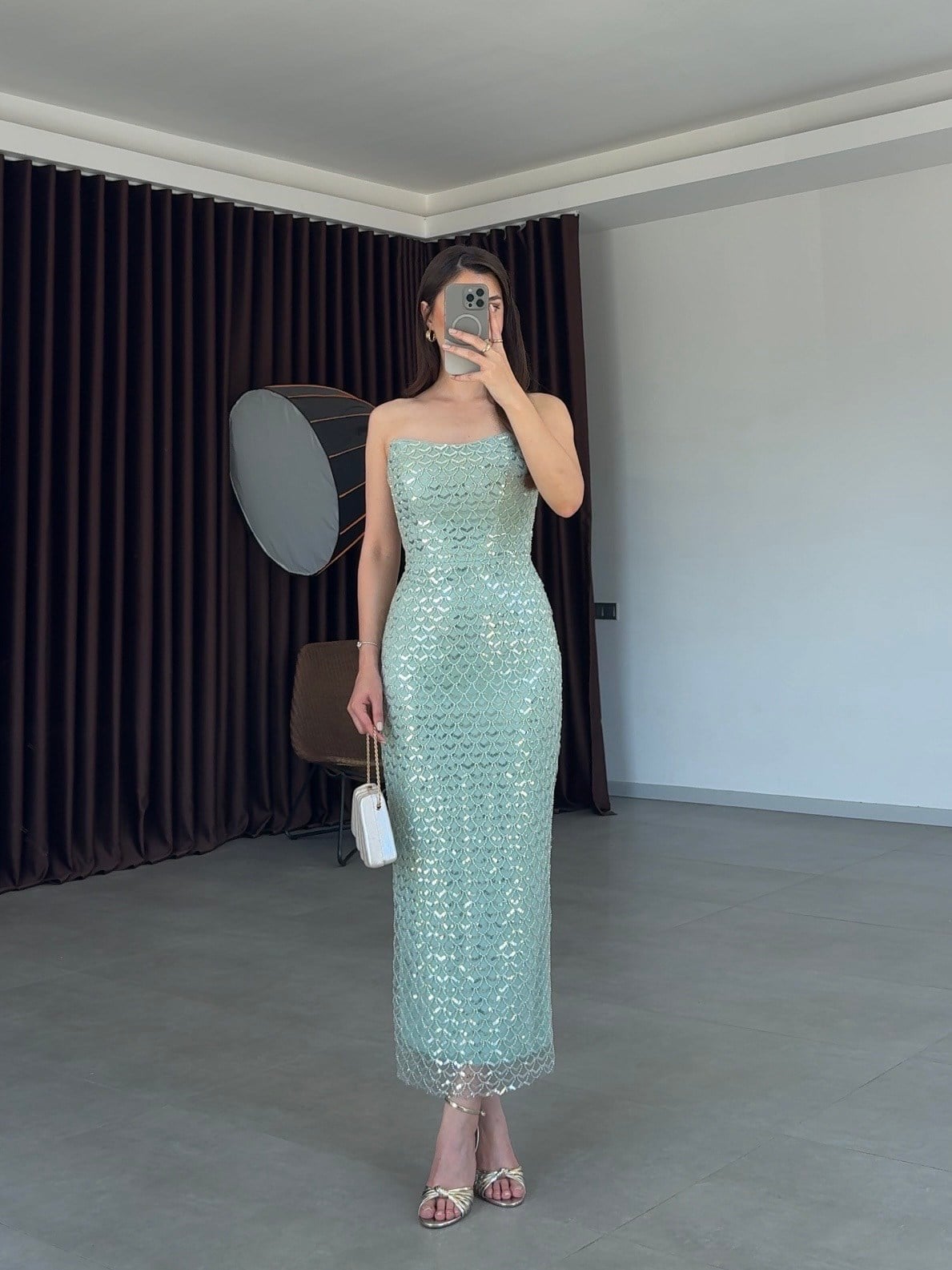 Mermaid Boncuk İşlemeli Elbise- Su Yeşili