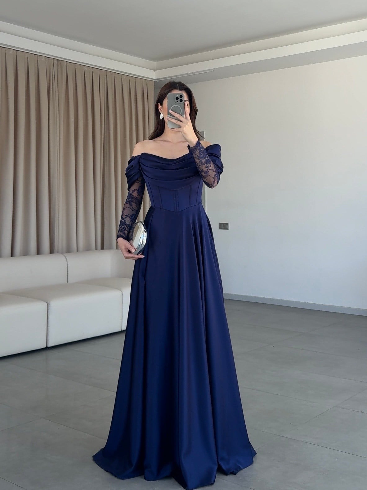 Muse Dantel Detaylı Lacivert Elbise 