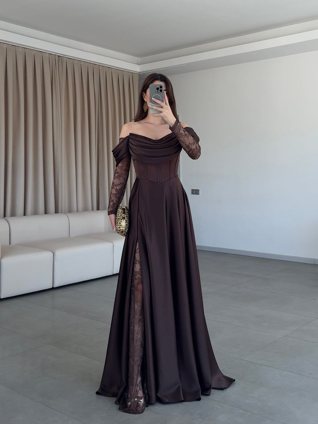 Muse Dantel Detaylı Kahverengi Elbise 