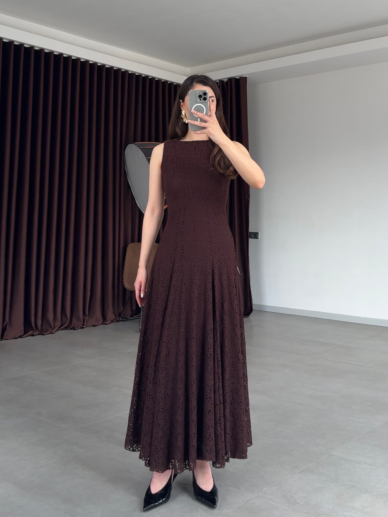 Swer Dantelli Midi Elbise-Kahve