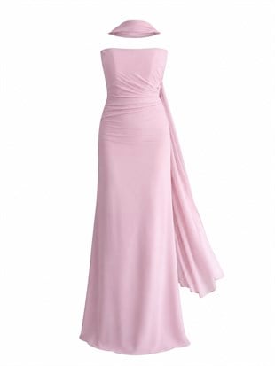 Straplez Drape Detay Fularlı Abiye Elbise- Pudra