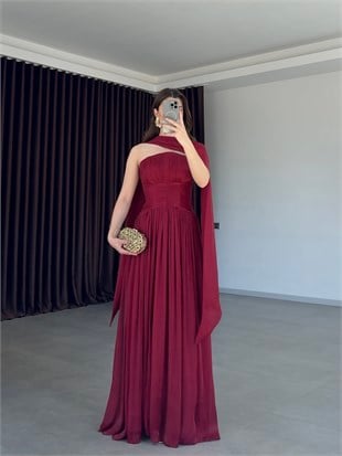 Mirella Şal Detaylı Piliseli Abiye Elbise- Bordo