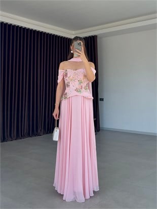 Lina Çiçek İşlemeli Şifon Abiye Elbise