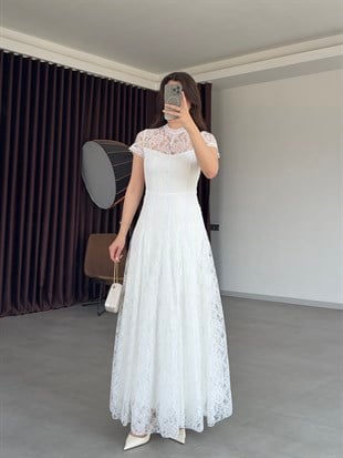 Elcisa Dantel Detaylı Maxi Elbise- Beyaz
