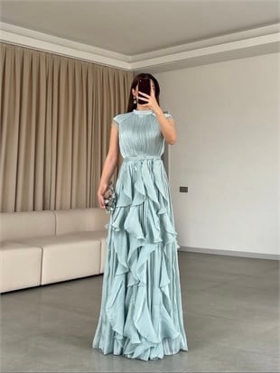 Nerissa Taş Saçaklı Omuz Detaylı Kemerli Volanlı Abiye Elbise
