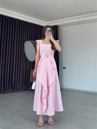 Fırfır Kollu Katlı Etek Detaylı Elbise- Pembe