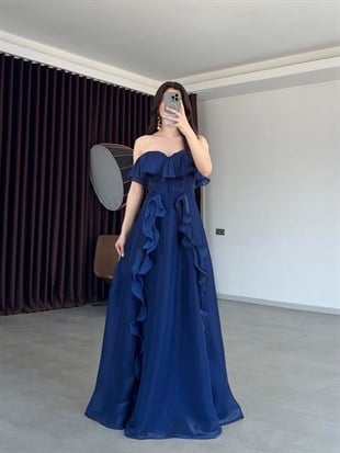 Butterfly Straplez Volanlı Yırtmaç Detay Şifon Lacivert Uzun Abiye