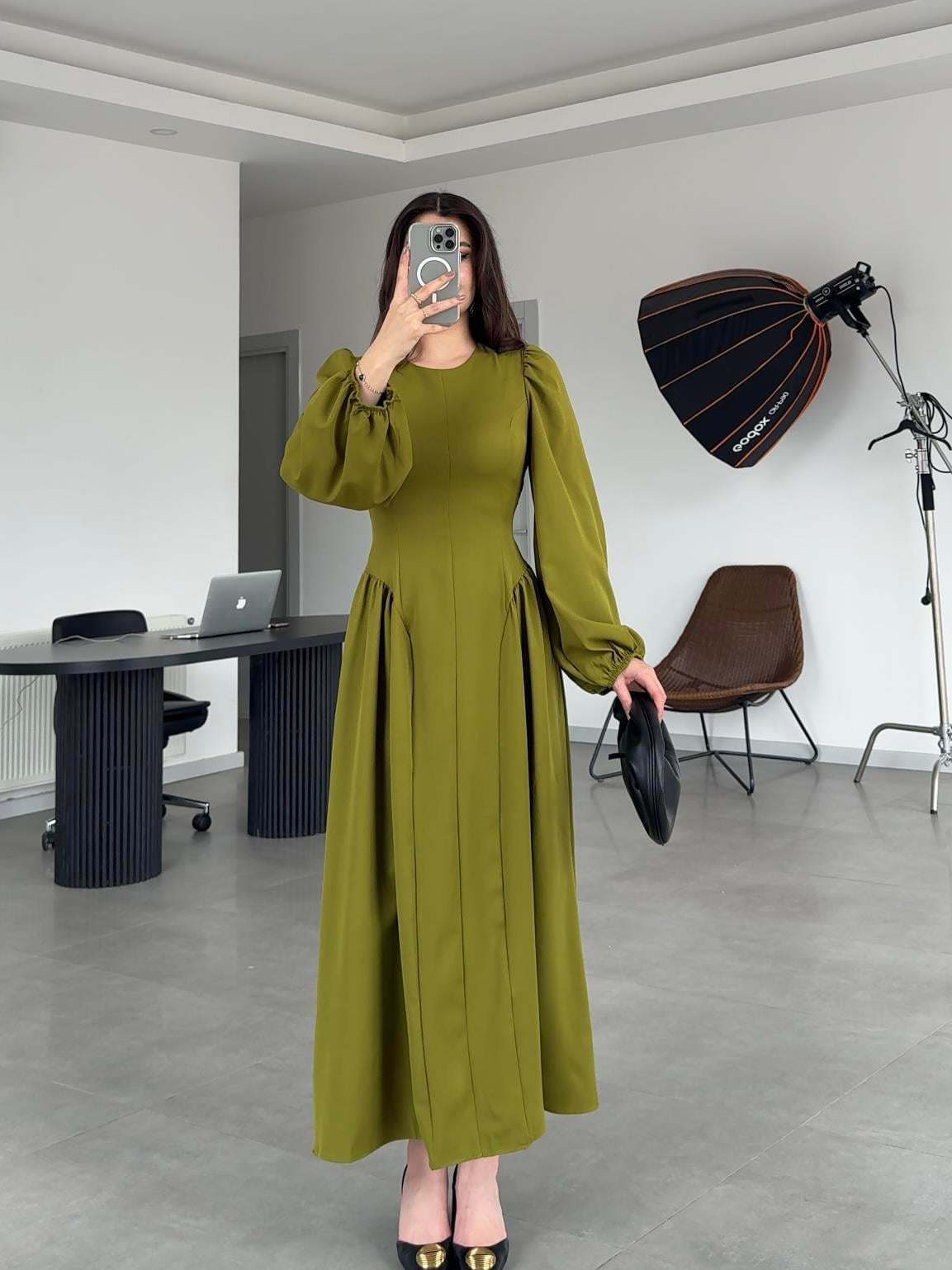 LORA ARKADAN BAĞLAMA DETAYLI ELBİSE- Yeşil