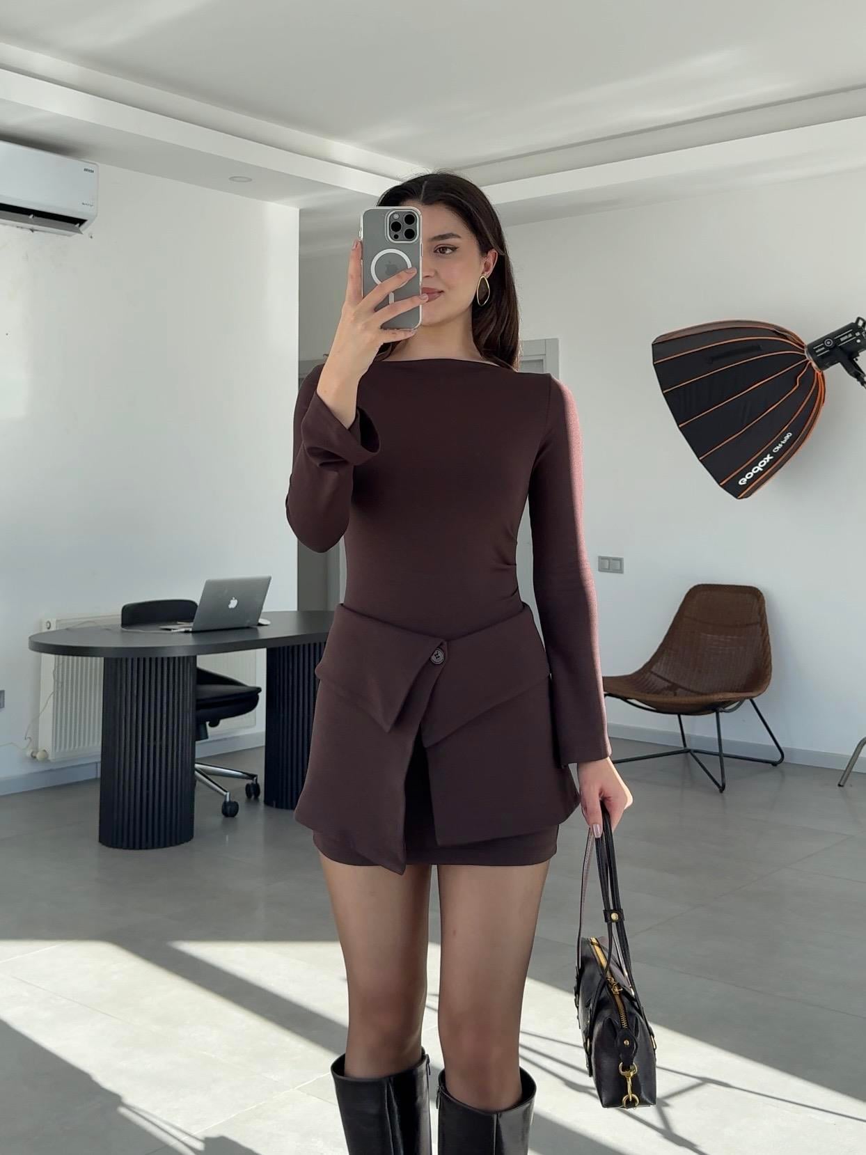 Etek Parça Detaylı Elbise- Kahve