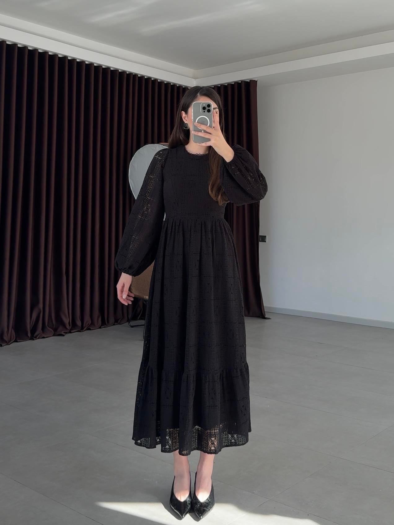 Balon Kol Dantel Elbise-Siyah