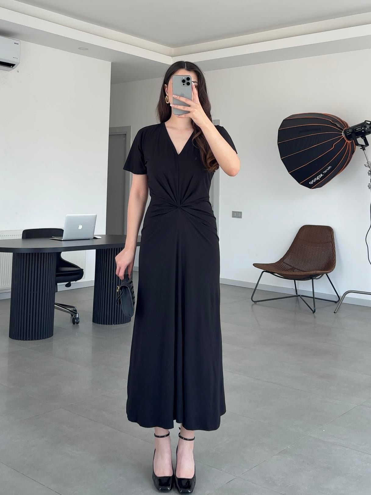 DÜĞÜM DETAYLI MODAL ELBİSE- Siyah