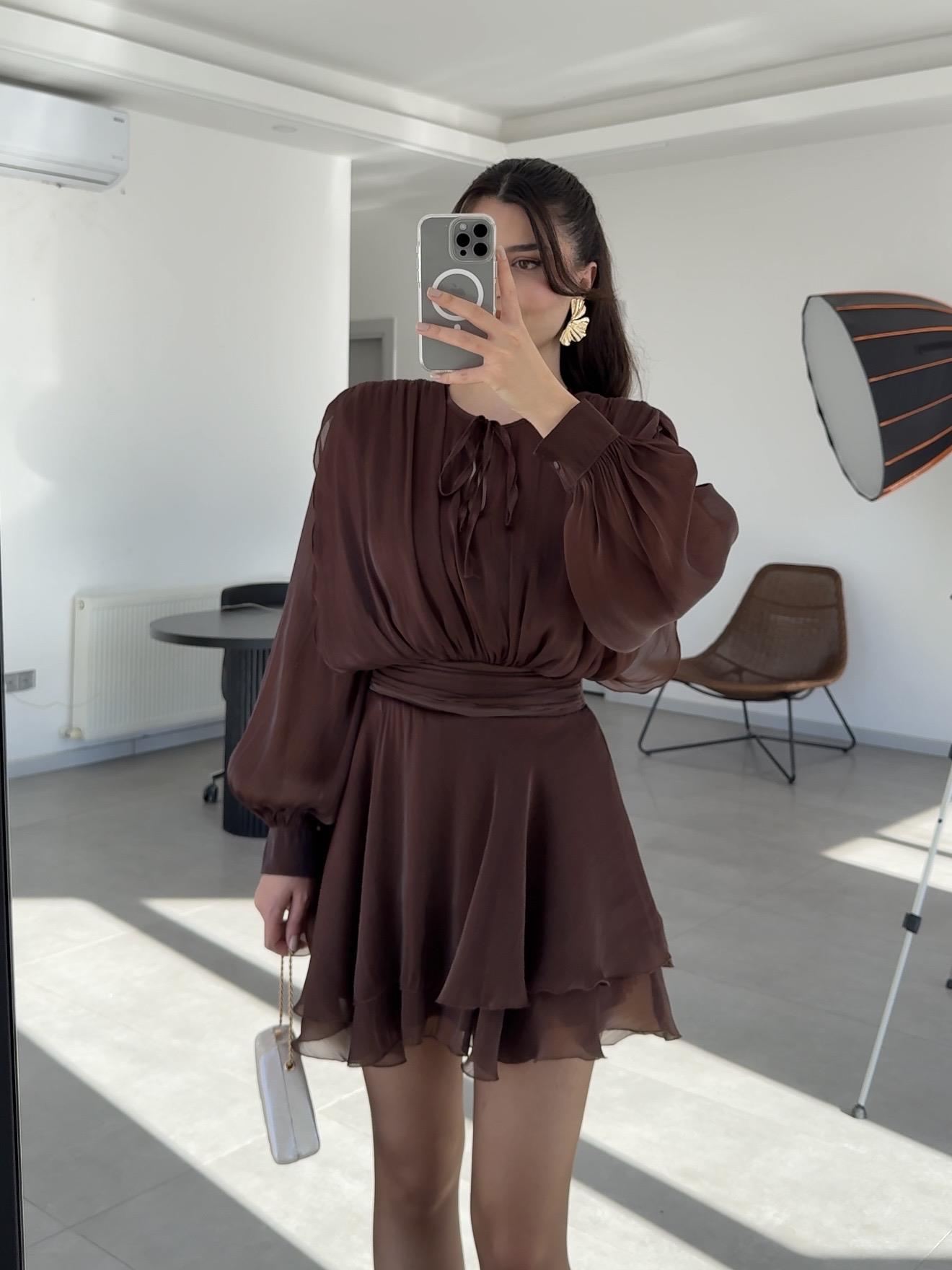 Rosa Vatkalı Jakarlı Tül Elbise- Kahve