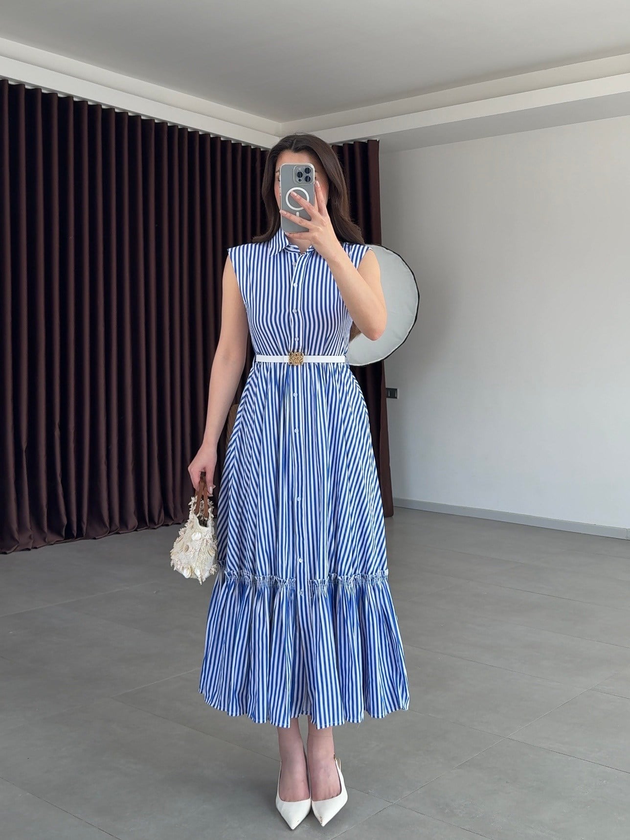 Lacivert Çizgili Kemerli Elbise