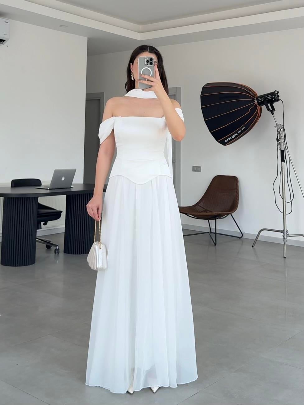 KATY ŞALLI MAXİ ELBİSE-Beyaz