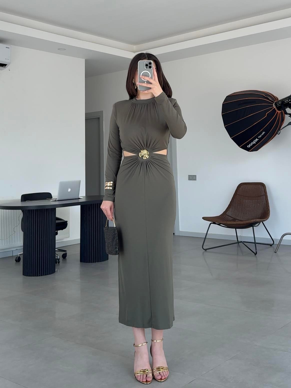 PENCERE DETAYLI BÜZGÜLÜ ELBİSE- Haki