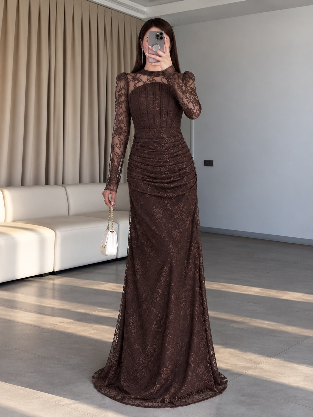 Lavinia Dantel Kollu Elbise- Kahve