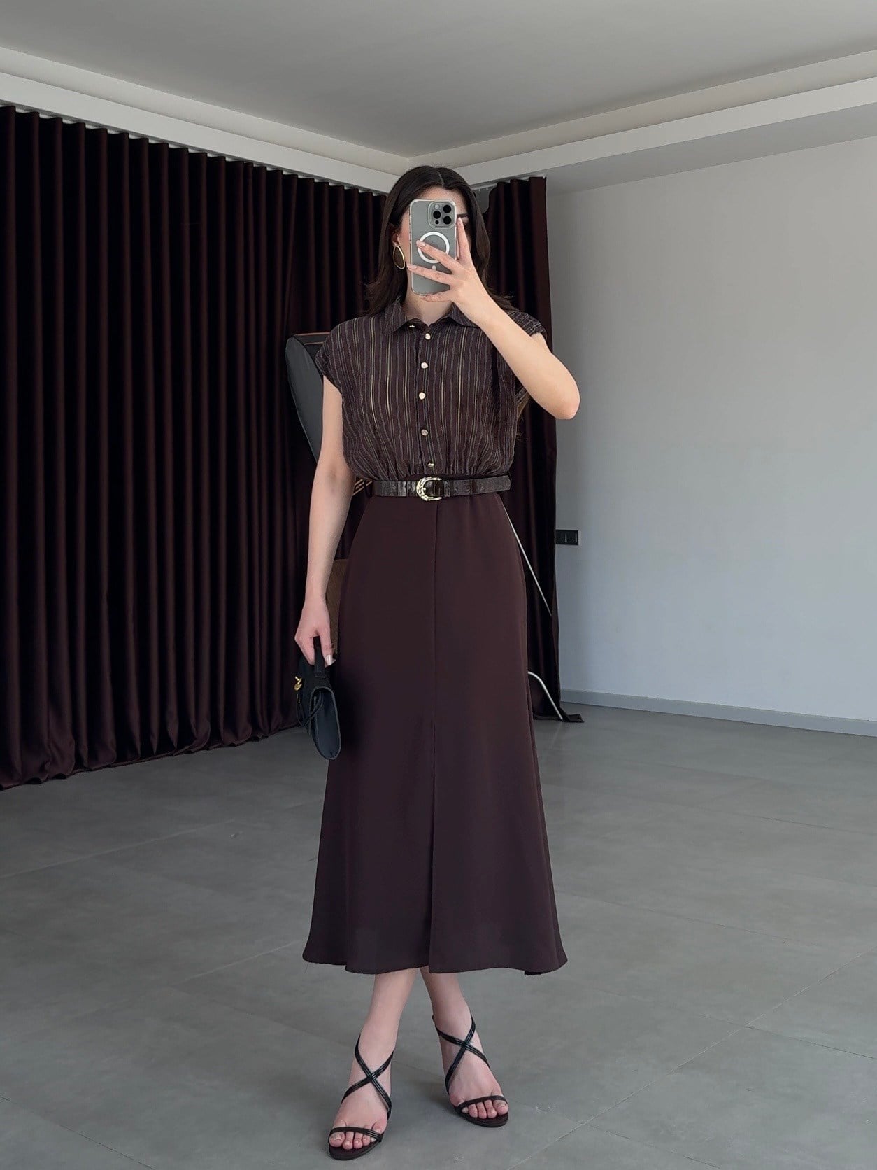 Gömlek Garnili Kemerli Elbise-Kahve