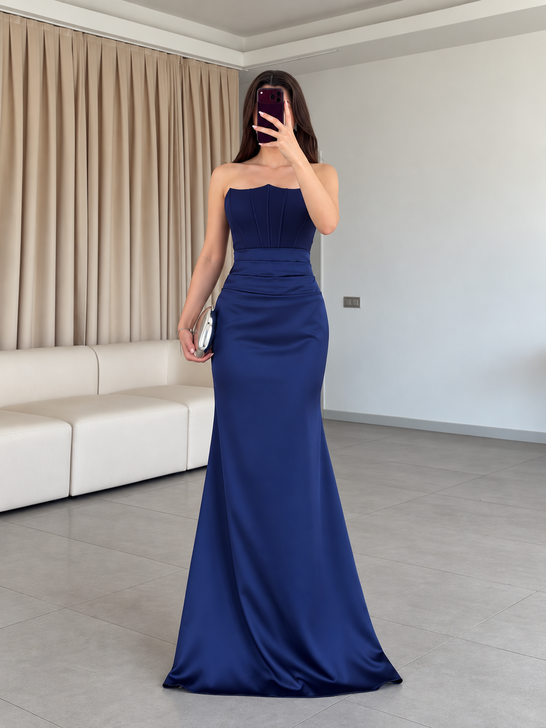 Lacivert Korse Detaylı Saten Abiye Elbise 