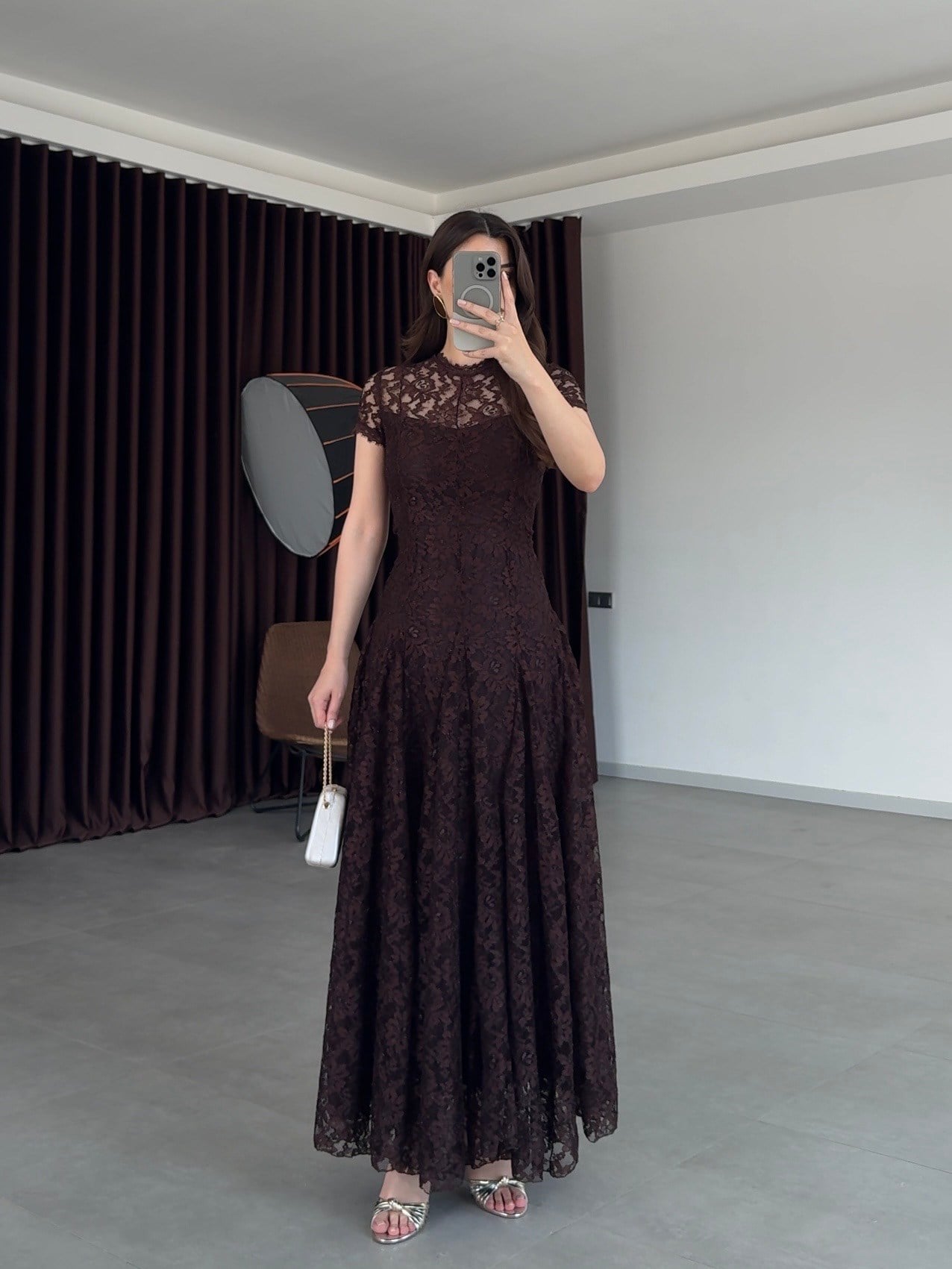 Elcisa Dantel Detaylı Maxi Elbise- Kahve