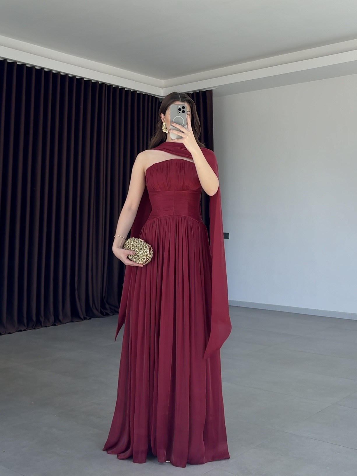 Mirella Şal Detaylı Piliseli Abiye Elbise- Bordo