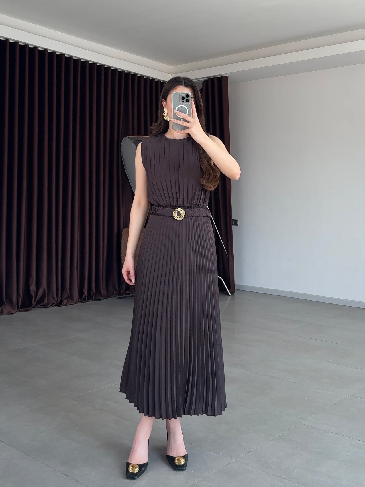 Kahve Kemerli Pilise Elbise