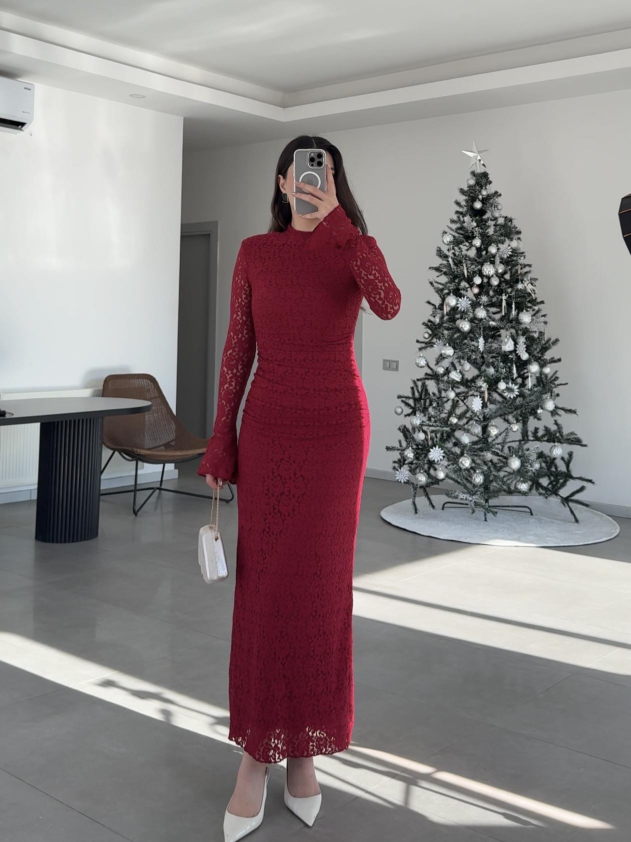 Poli Dantel Detaylı Elbise- Bordo