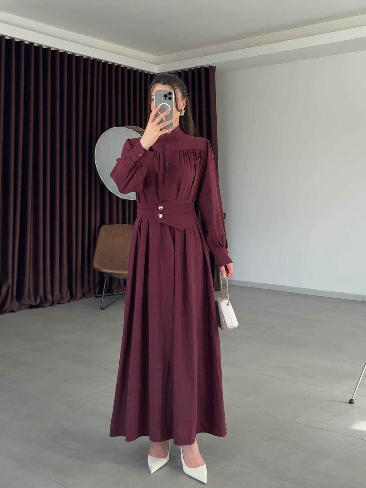 Bordo Kuşak Detaylı Kraş Elbise