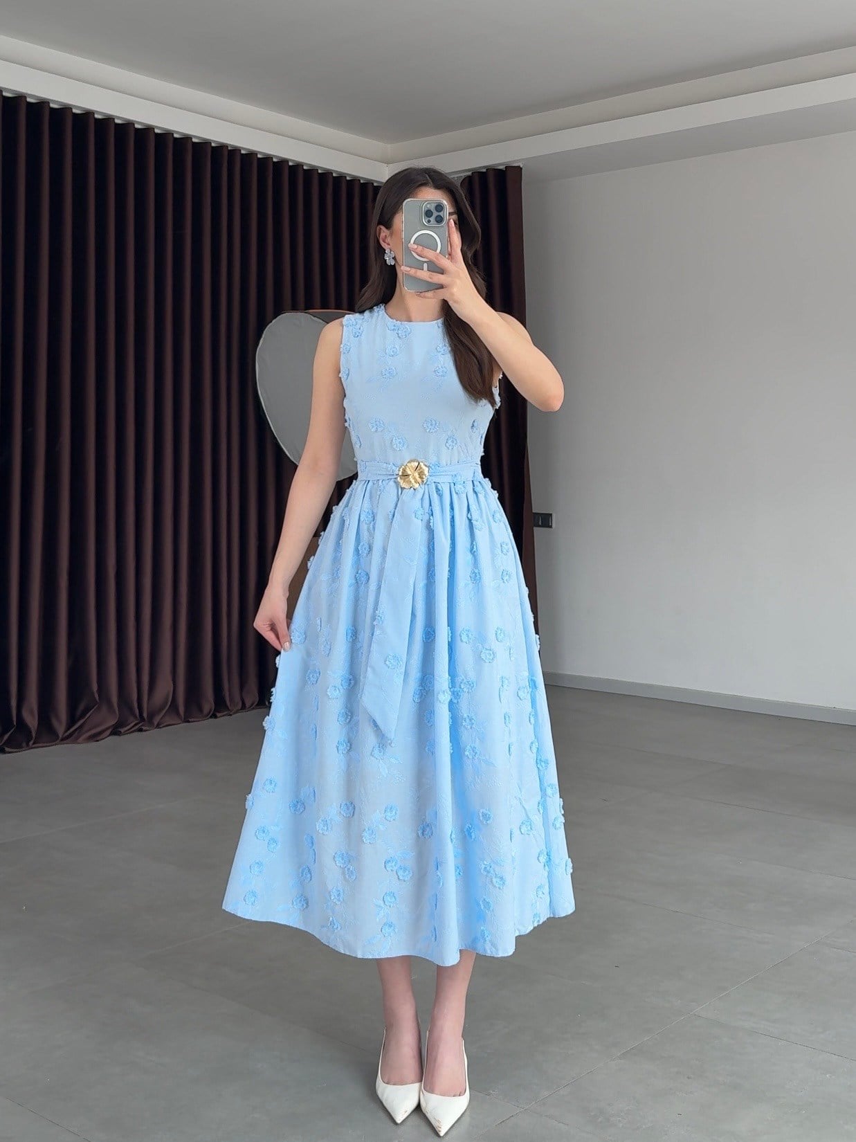 3D Çiçekli Kemerli Brode Elbise- Mavi